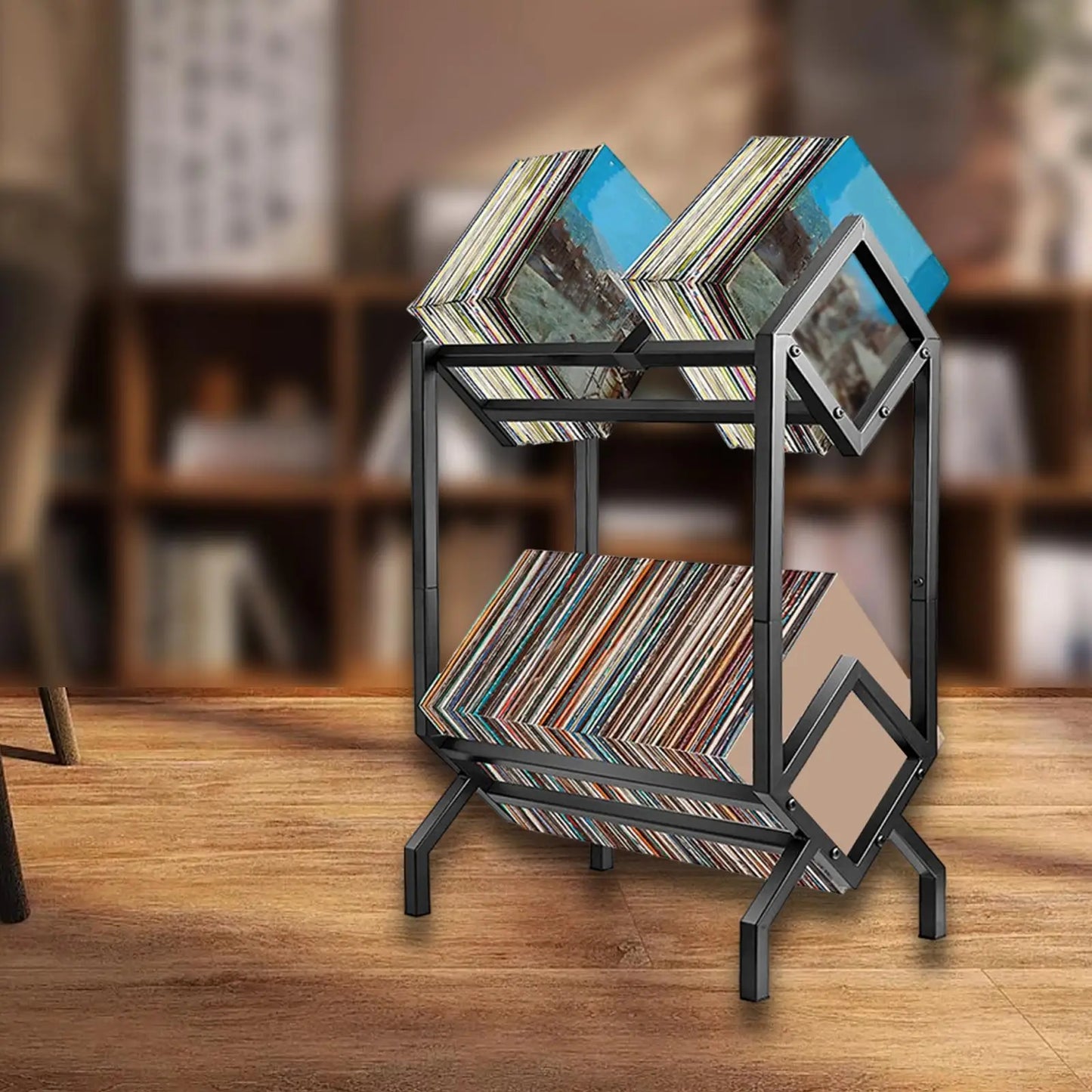 Black metal vinyl record display stand with angled double layer shelves for easy assembly in commercial or bedroom use