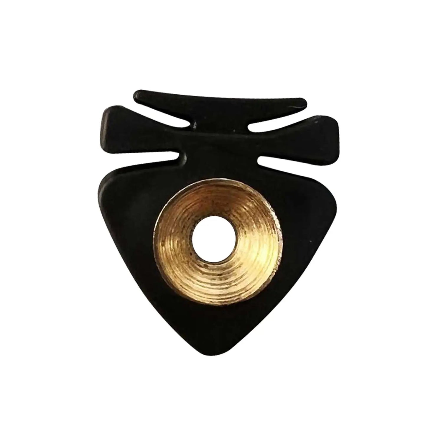 Black triangular guitar pick holder with gold threaded insert designed for universal fittings durable violin mute easy use
