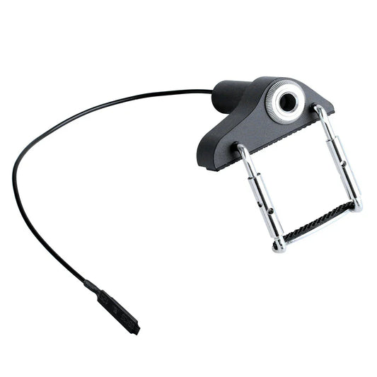 Black and silver violin pickup with textured grip, metallic frame, and adjustable clamps for portable viola pickup use