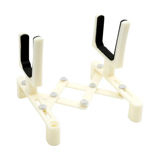 Cream-colored plastic violin stand with black grips and silver connectors adjustable retractable violin stand