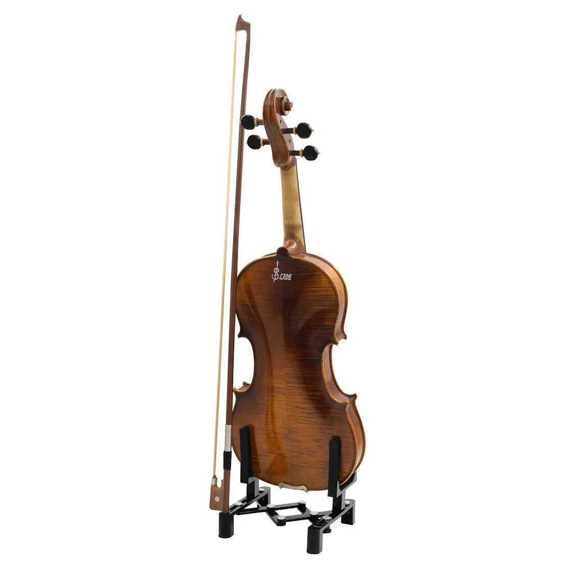 A polished brown wooden violin with black tuning pegs on a black foldable metal adjustable retractable violin stand