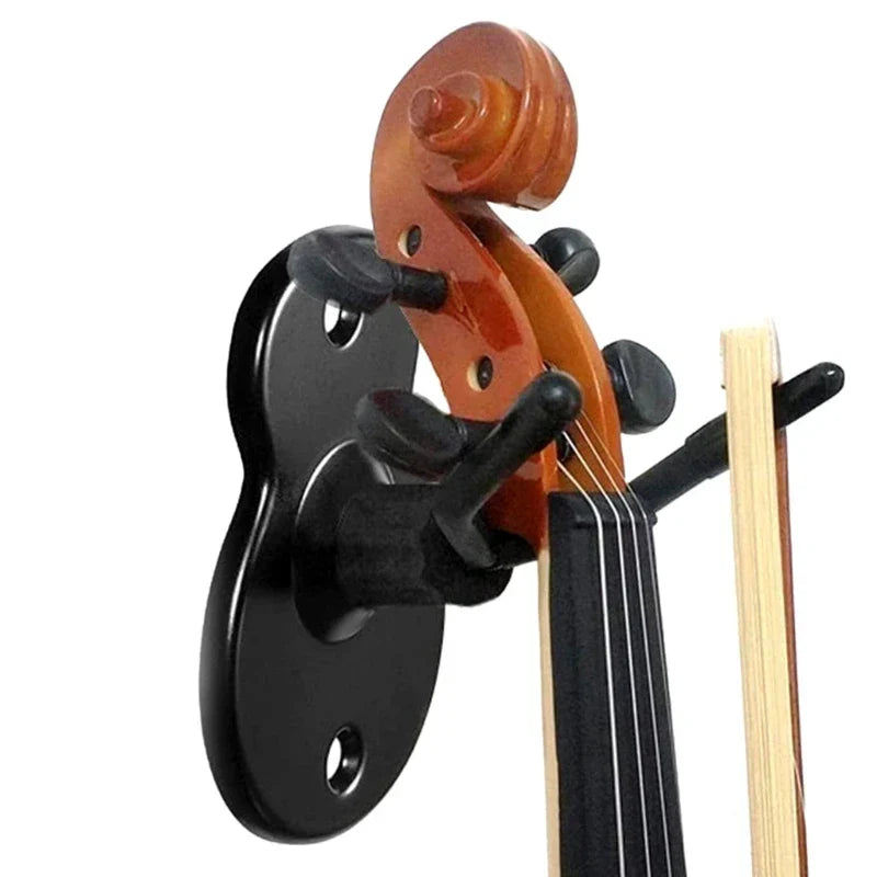 Black wall-mounted violas hanger with sleek curved design securely cradles violin neck for studio music rooms decor turn