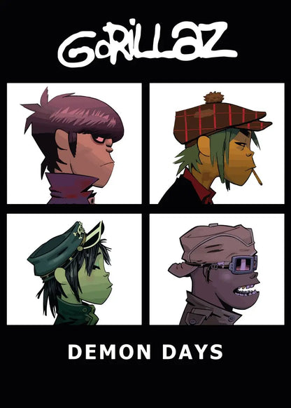 Virtual anime rock band gorillaz poster featuring demon days album cover with stylized cartoon portraits on canvas wall art