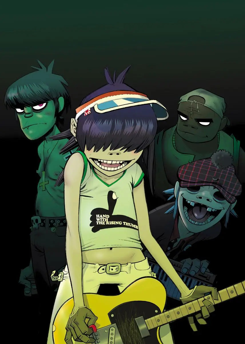 Virtual anime rock band gorillaz poster featuring a cartoon character with a yellow electric guitar wall art decor