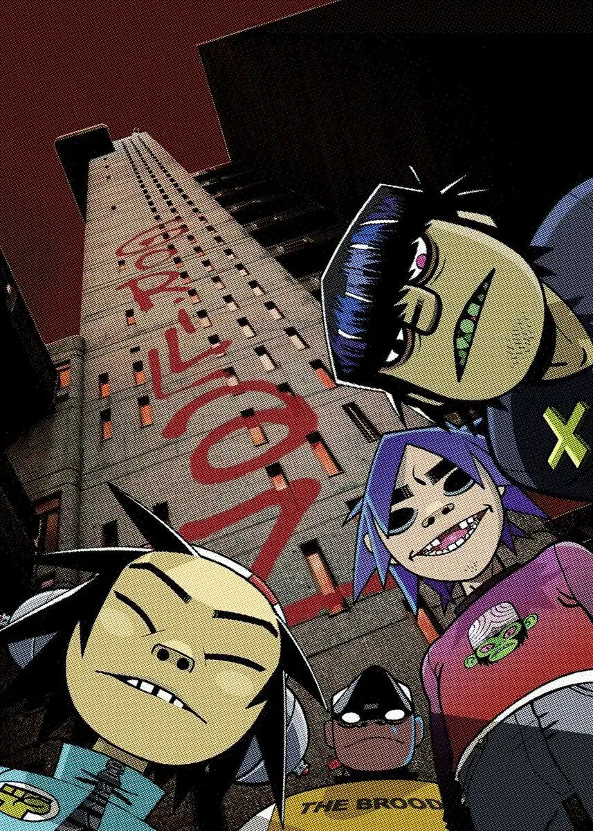 Stylized cartoon gorillaz band members with colorful hair on modern music album cover canvas painting wall art mural
