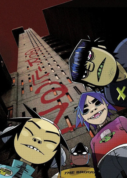 Stylized cartoon gorillaz band members with colorful hair on modern music album cover canvas painting wall art mural
