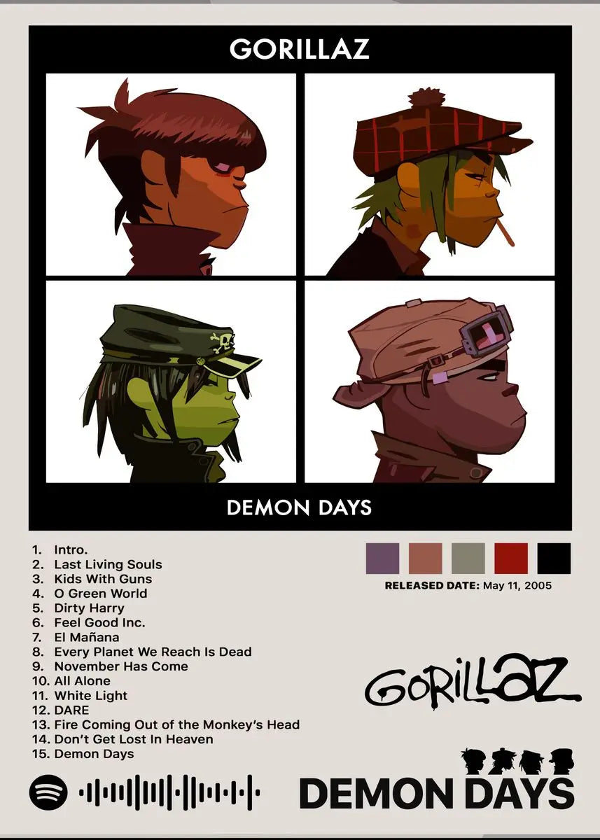 Virtual anime rock band gorillaz poster featuring demon days stylized artwork on canvas for modern home decor