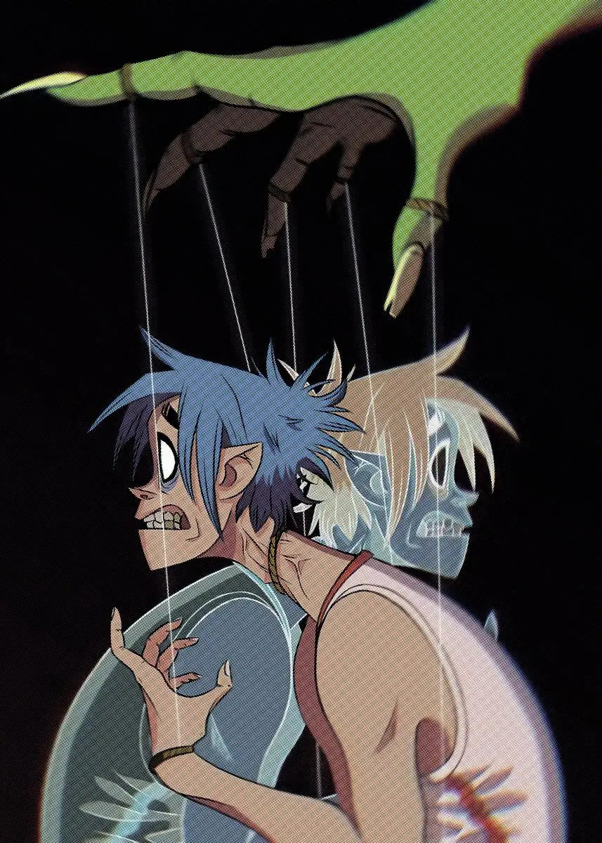 Green puppeteer hand controlling two blue-haired masked characters on virtual anime rock band gorillaz canvas art