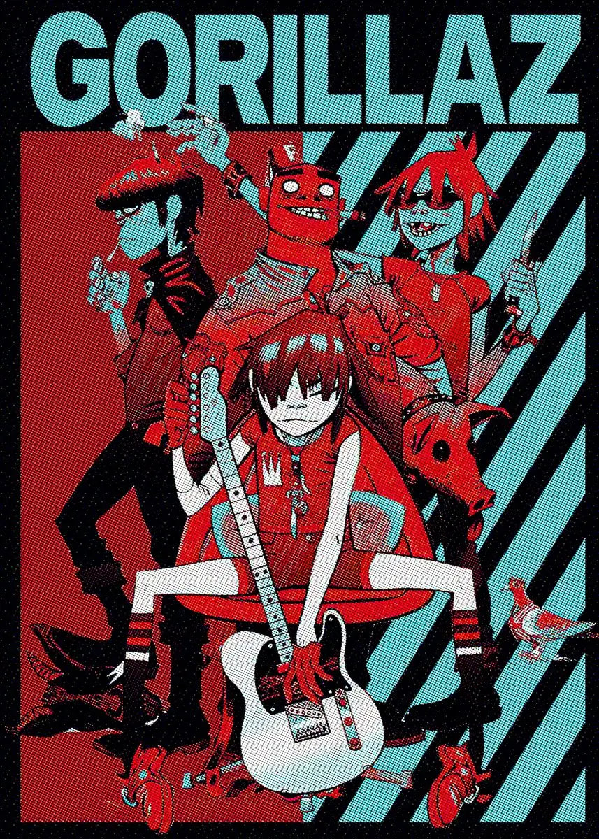 Red and teal gorillaz band poster featuring stylized cartoon characters on canvas for modern music home decor
