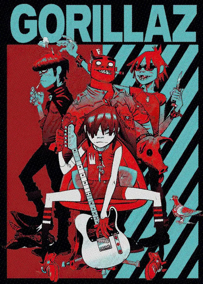 Red and teal gorillaz band poster featuring stylized cartoon characters on canvas for modern music home decor