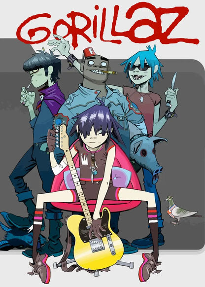 Yellow electric guitar with glossy finish and black pickguard held by central character in virtual anime rock band gorillaz poster canvas painting