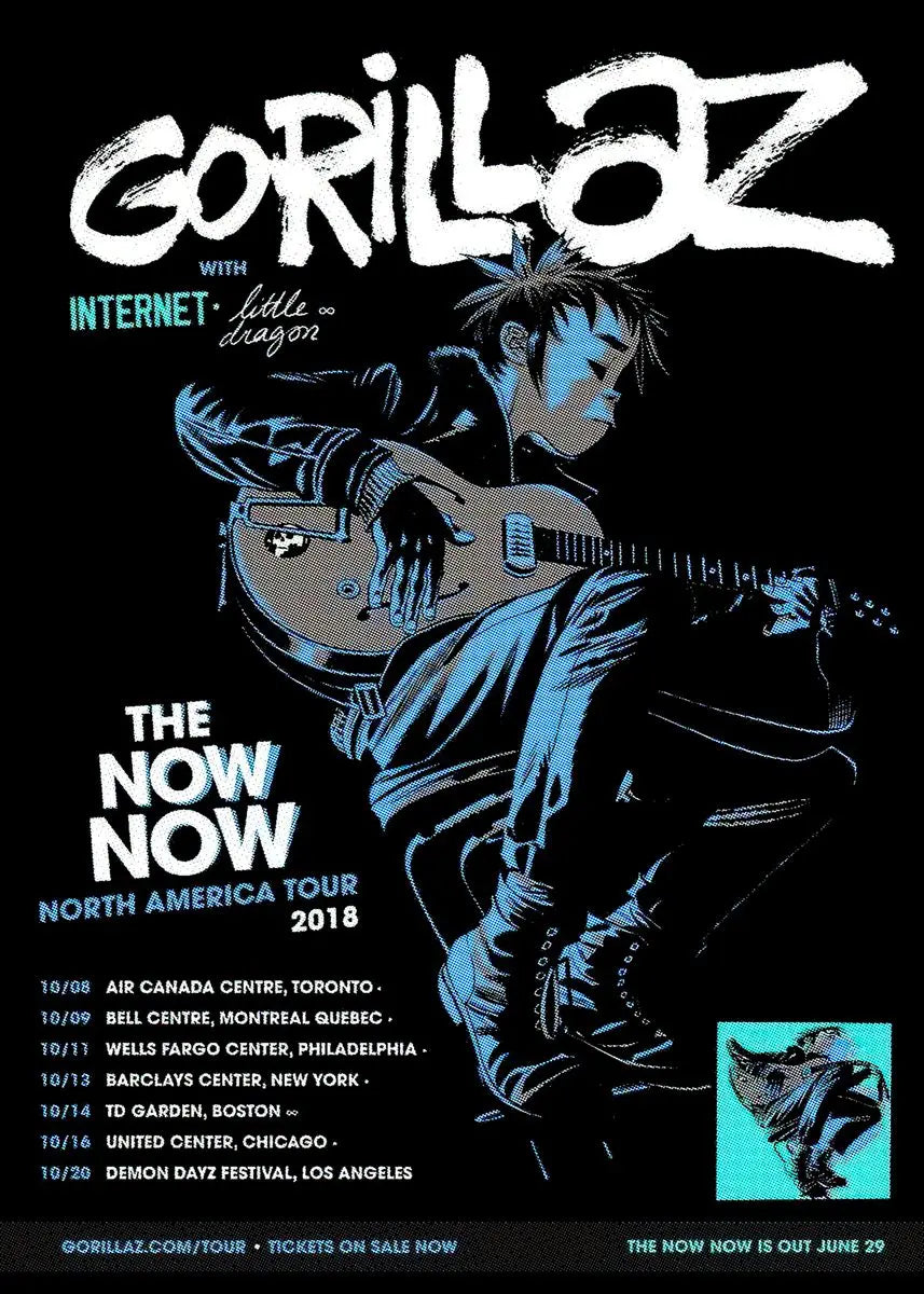 Blue and black stylized illustration of a guitarist on a virtual anime rock band gorillaz canvas wall art poster