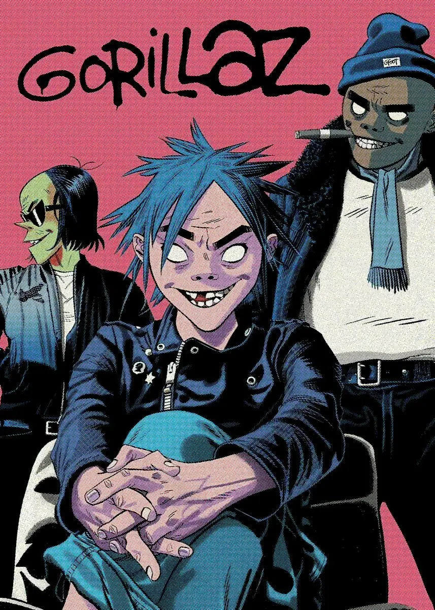 Virtual anime rock band gorillaz poster featuring stylized cartoon characters with spiky blue hair on vibrant pink canvas wall art