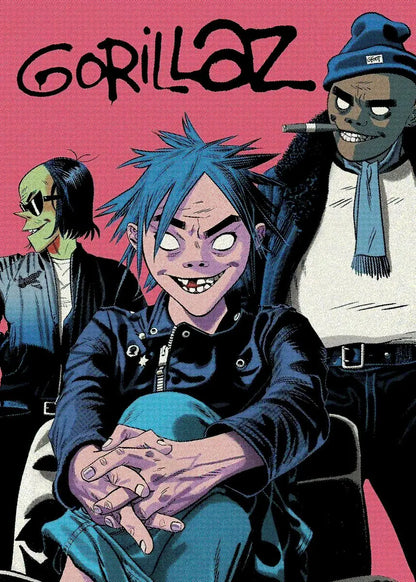 Virtual anime rock band gorillaz poster featuring stylized cartoon characters with spiky blue hair on vibrant pink canvas wall art