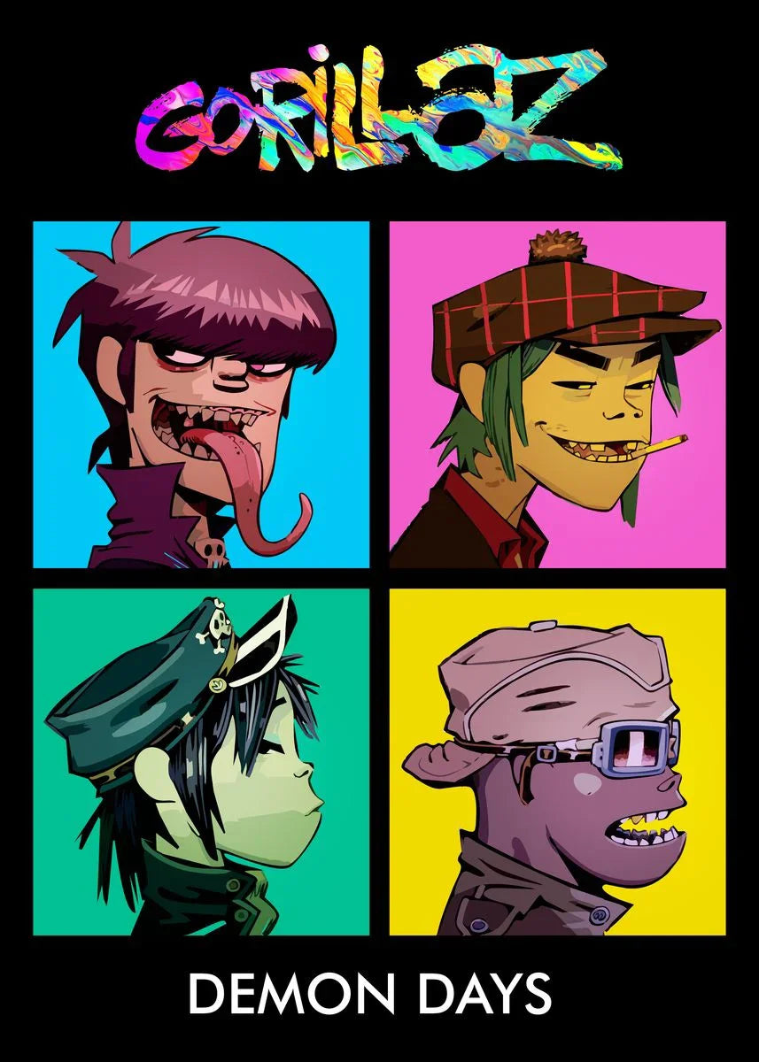 Virtual anime rock band gorillaz poster featuring demon days album cover with four stylized characters on canvas wall art
