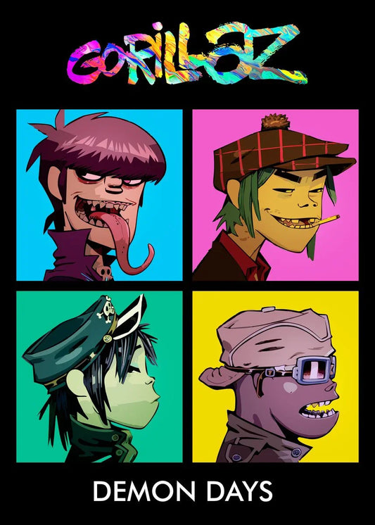 Virtual anime rock band gorillaz poster featuring demon days album cover with four stylized characters on canvas wall art