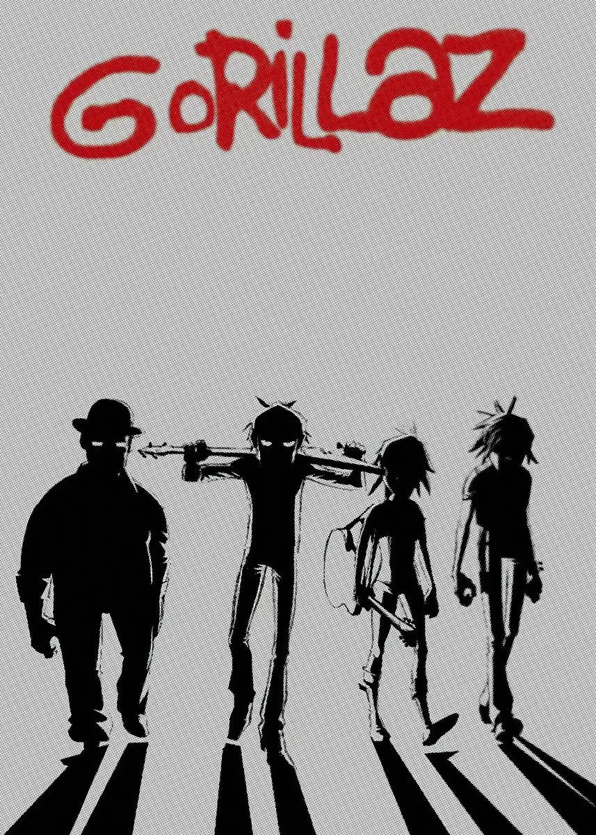 Canvas painting of red stylized gorillaz logo above black silhouettes of four characters on zebra crossing for modern decor