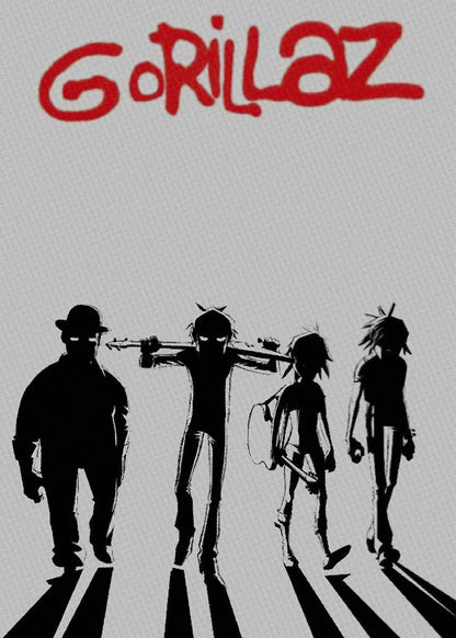 Canvas painting of red stylized gorillaz logo above black silhouettes of four characters on zebra crossing for modern decor