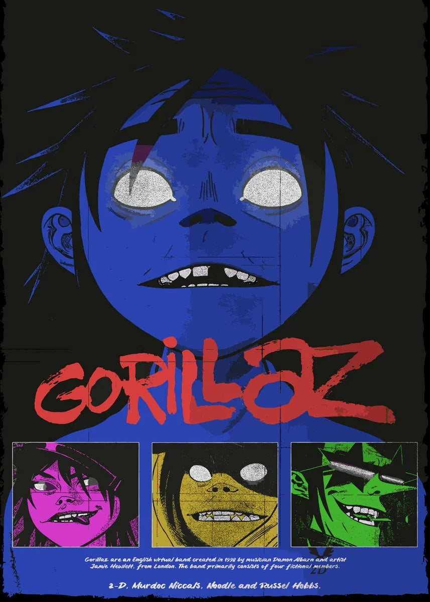 Blue cartoon face with glowing white eyes and spiky black hair on gorillaz poster canvas painting for modern music decor