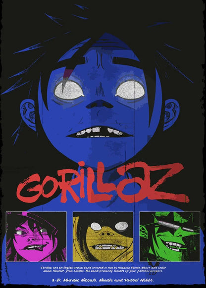 Blue cartoon face with glowing white eyes and spiky black hair on gorillaz poster canvas painting for modern music decor