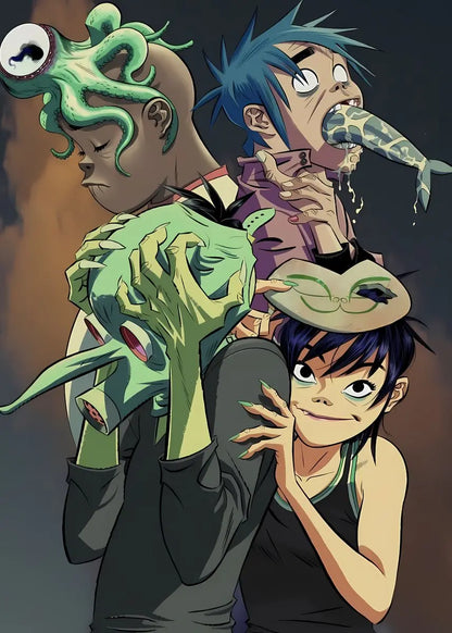 Poster of virtual anime rock band gorillaz with three colorful cartoon members for modern music home decor canvas painting