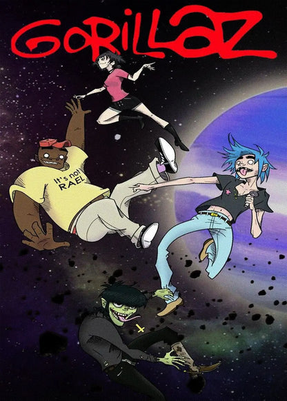 Virtual anime rock band gorillaz poster canvas painting with four animated characters in dynamic poses on cosmic background