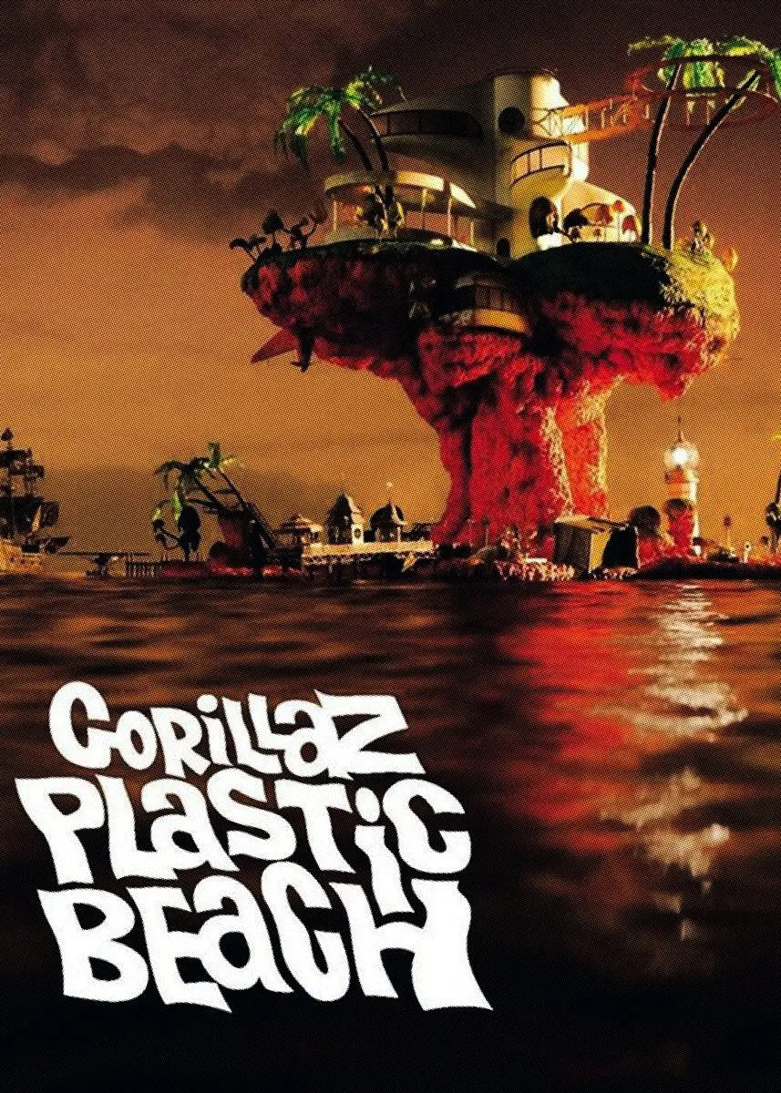 Virtual anime rock band gorillaz poster featuring a surreal floating island mansion with lava base and glowing windows
