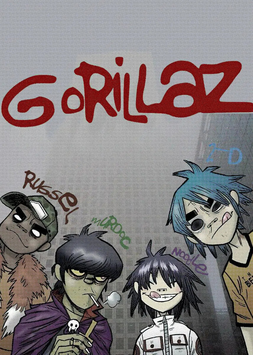 Red stylized gorillaz logo above cartoon characters on a virtual anime rock band canvas painting for home decor