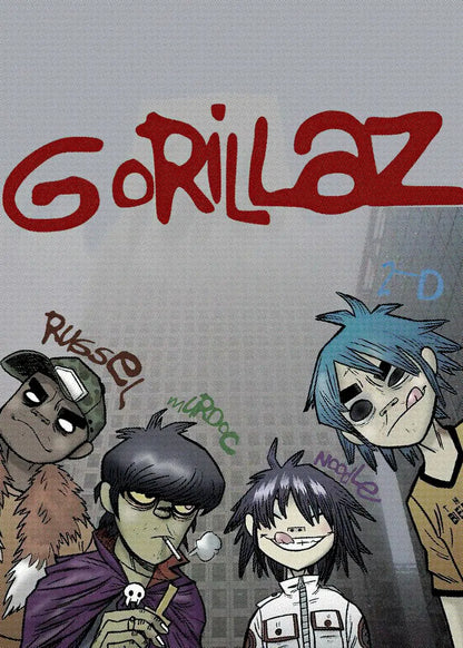 Red stylized gorillaz logo above cartoon characters on a virtual anime rock band canvas painting for home decor