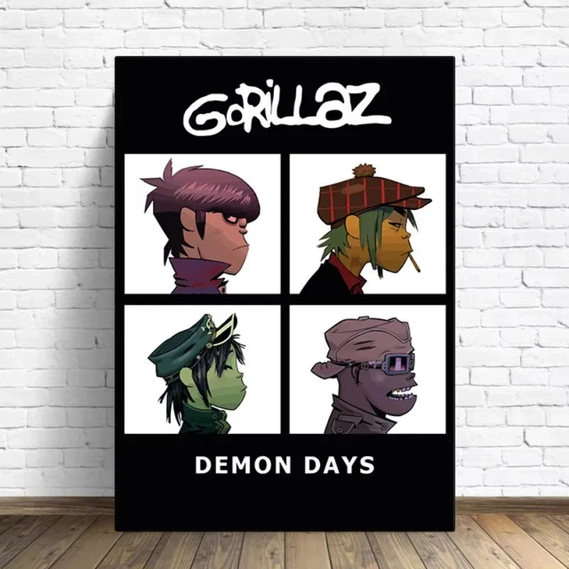 Black framed canvas poster featuring gorillaz demon days album cover with four illustrated portraits and white lettering