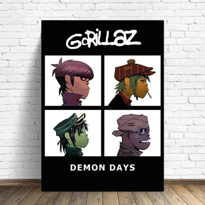 Black framed canvas poster featuring gorillaz demon days album cover with four illustrated portraits and white lettering