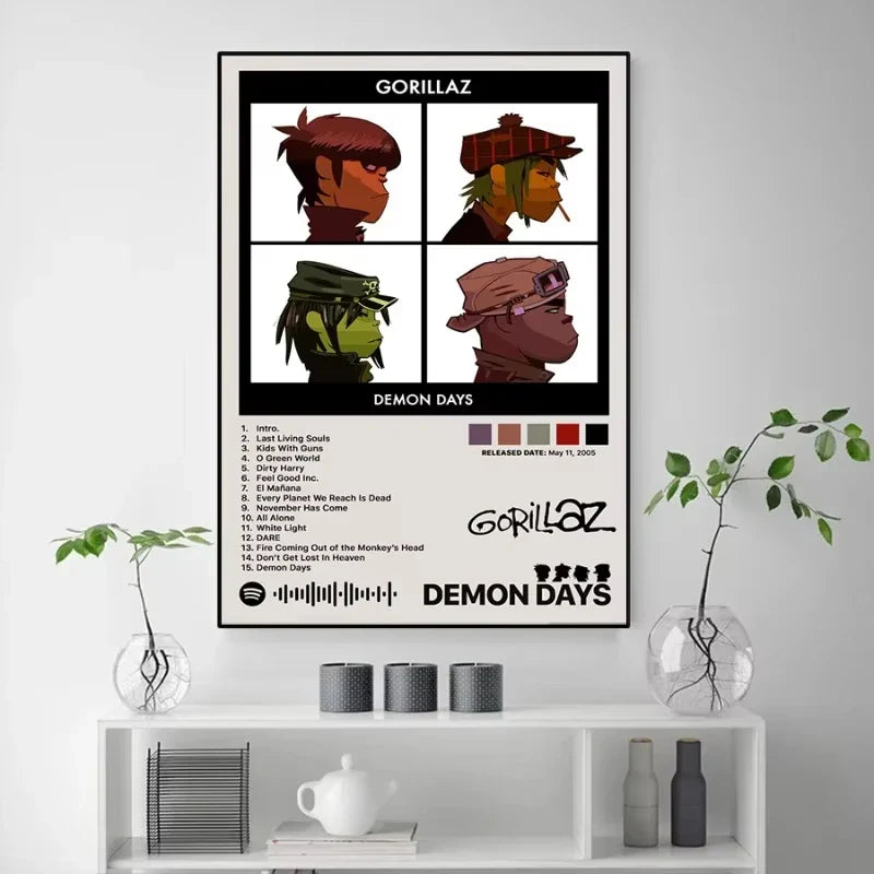 Black-framed canvas painting of gorillaz demon days album cover with four characters and spotify logo for home decor