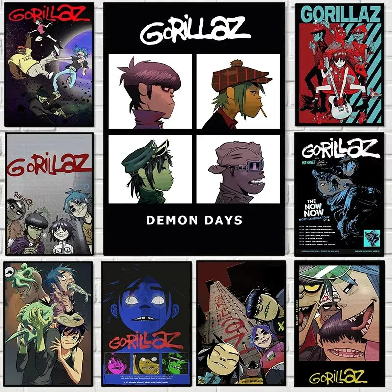 A collection of vibrant gorillaz band posters featuring album art and character designs on canvas wall art for home decor