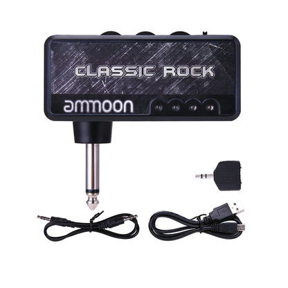 Black vitoos electric guitar classic rock branded headphone amp amplifier with silver input jack and included cables heavy rock compact