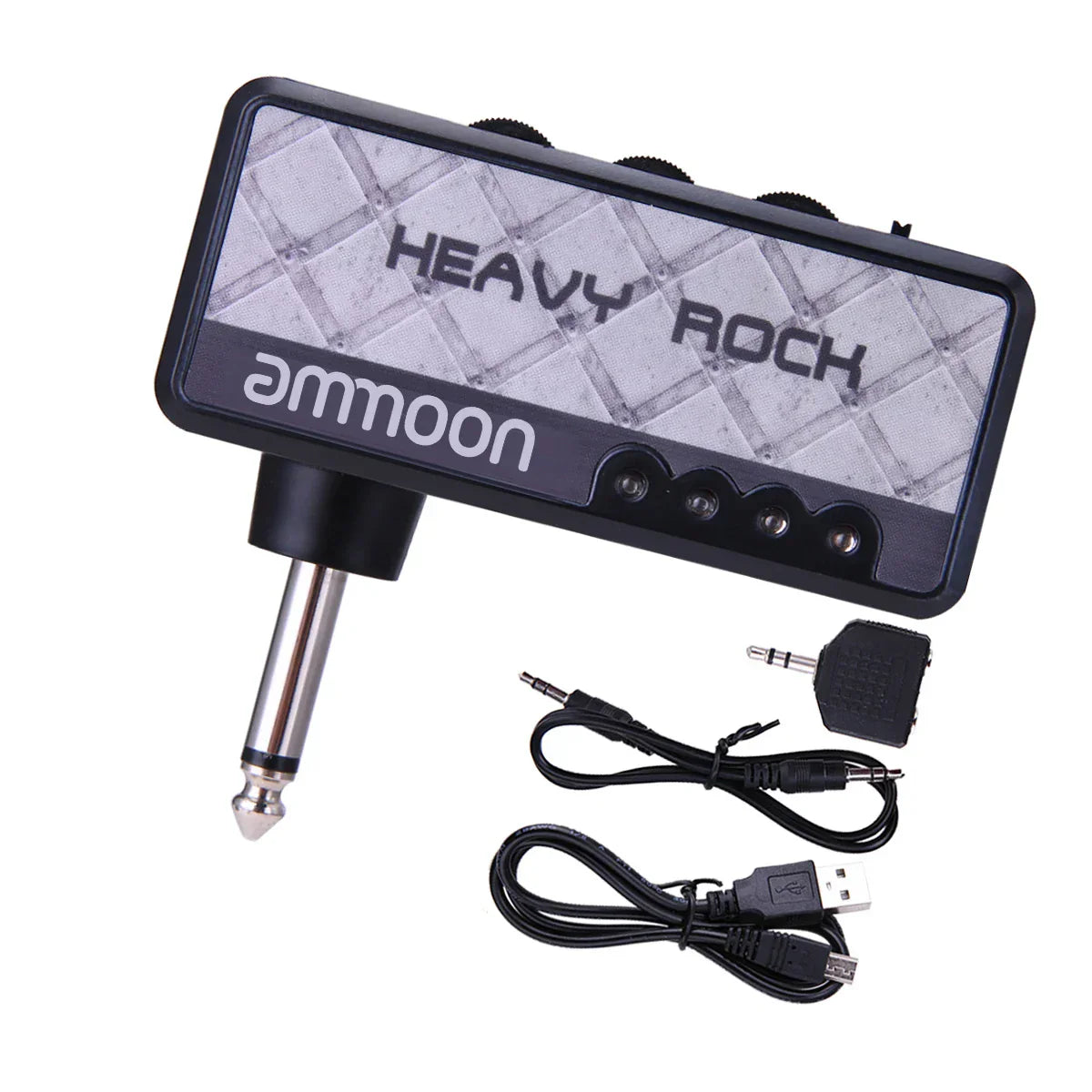 Black rectangular ammoon heavy rock compact guitar effects pedal with textured gray panel and three control knobs for vitoos electric guitar headphone amp amplifier