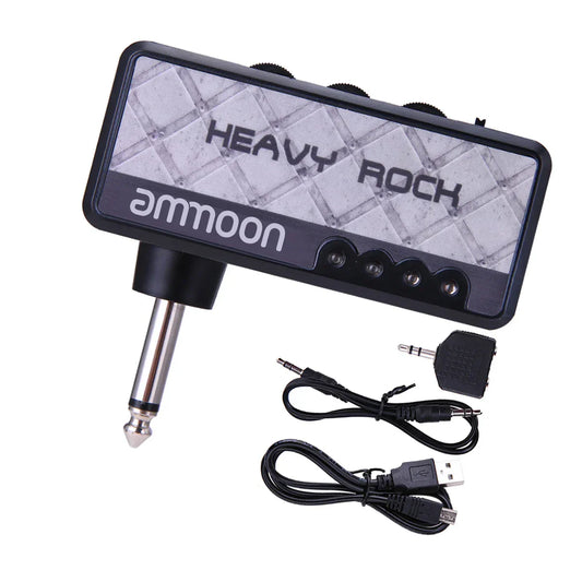 Black rectangular ammoon heavy rock compact guitar effects pedal with textured gray panel and three control knobs for vitoos electric guitar headphone amp amplifier