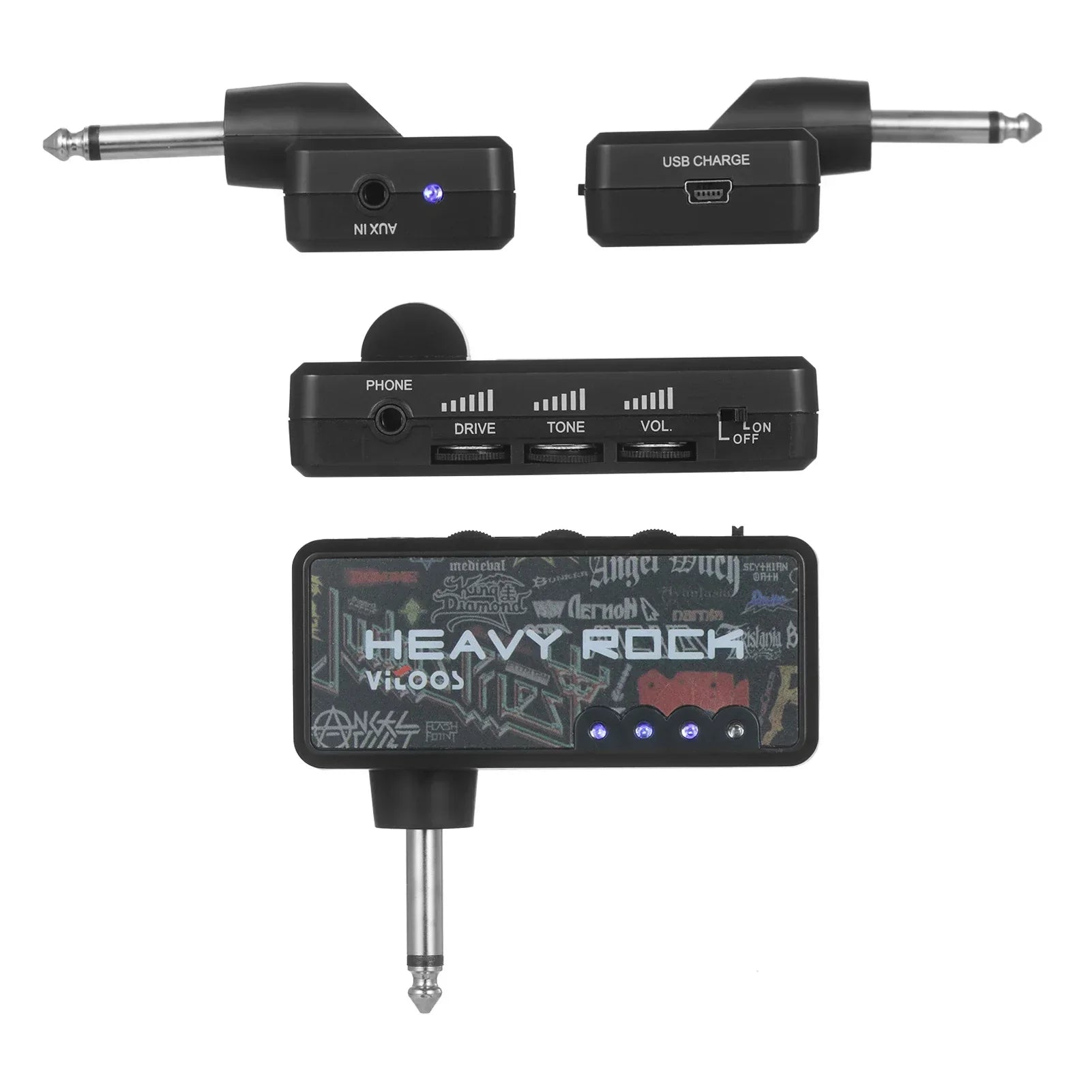 Black plastic vitoos electric guitar tuner with heavy rock branding and led indicators for headphone amp amplifier use