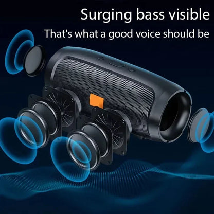 Black vivo portable sound box with textured grille, orange power button, multiple drivers for surround sound bass output