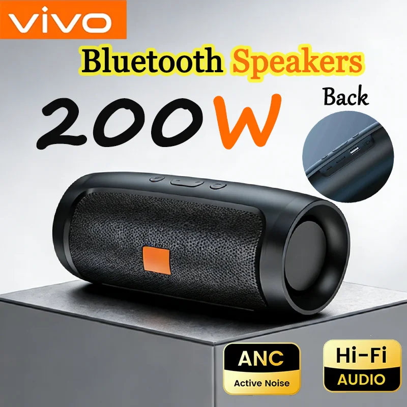 Black textured vivo portable bluetooth sound box with orange logo and 200w surround sound driver for stereo use