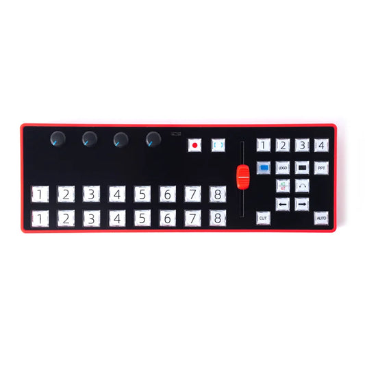 Black vmix switcher control panel with red trim numeric keypad and knobs for media live broadcast software keyboard customizatiotype-c
