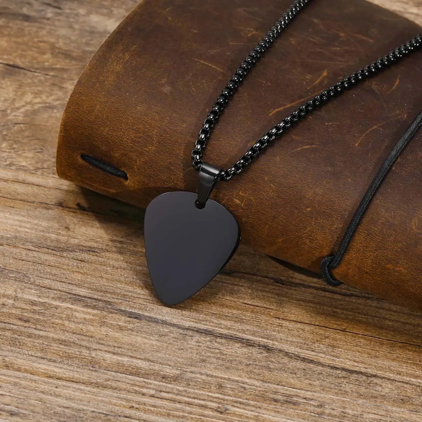 Black stainless steel unique guitar pick necklace pendant on black chain for men boys music-lovers gifts