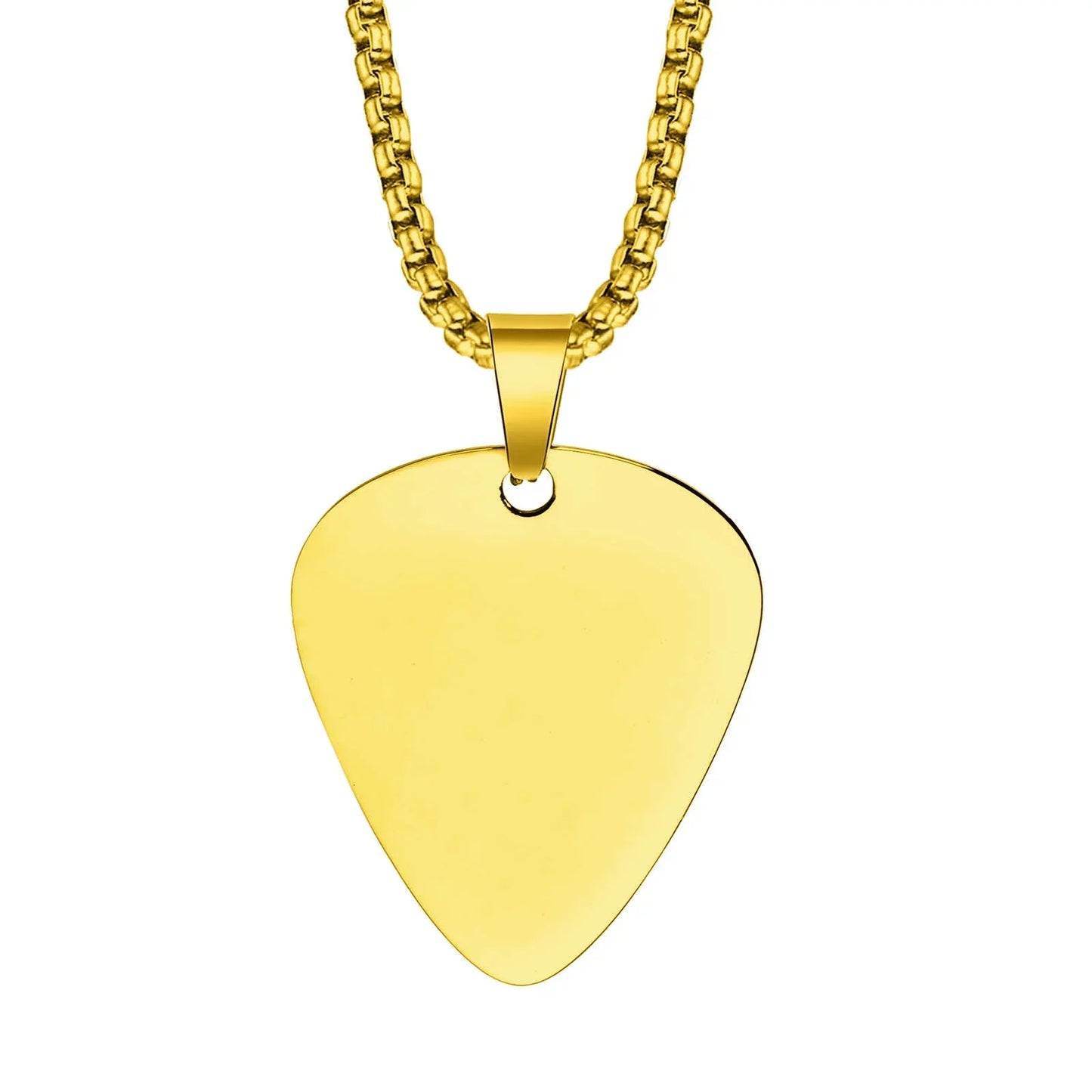 Gold-colored unique guitar pick necklace made of polished stainless steel with a matching chain for music lovers