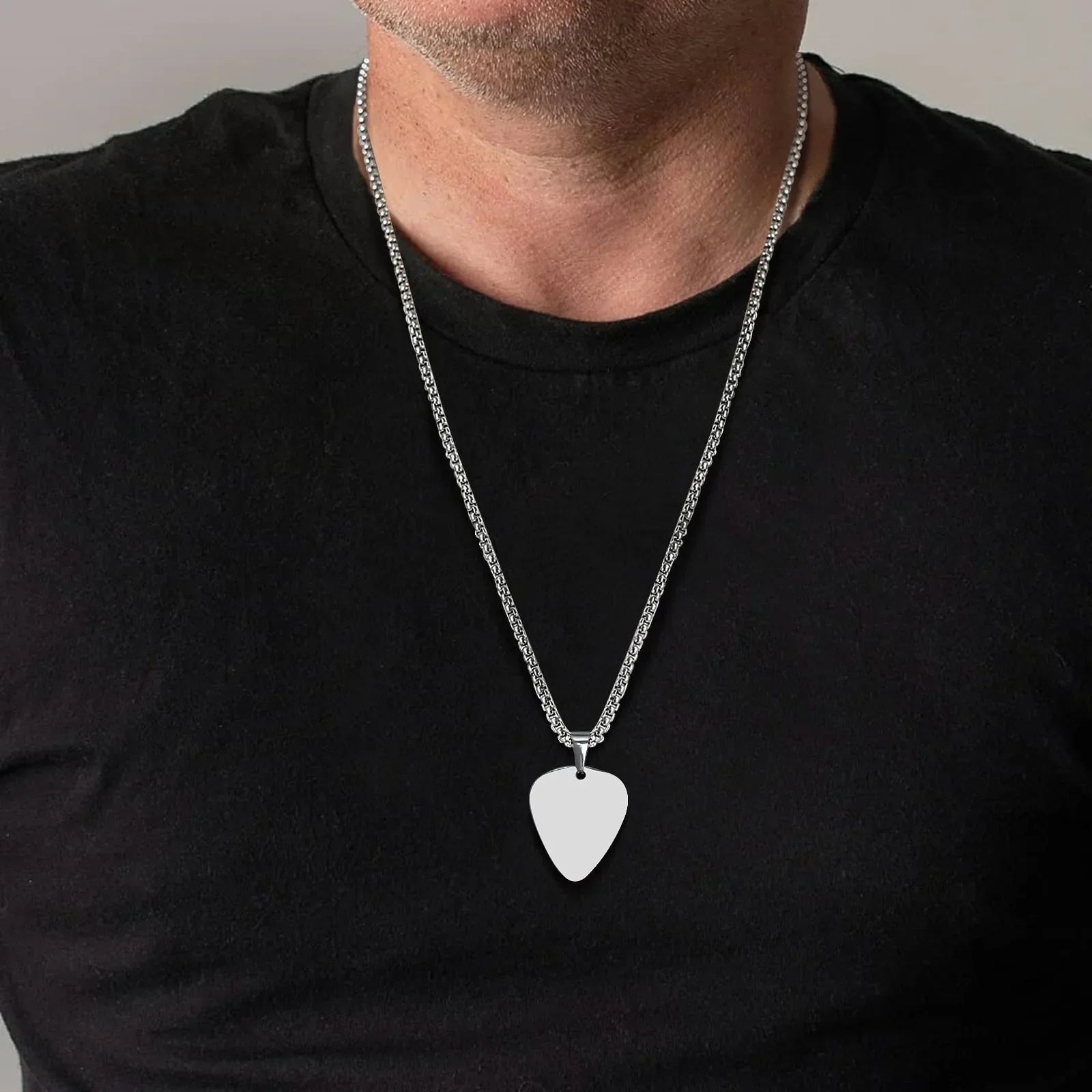 Silver unique guitar pick necklace pendant on a stainless steel chain for men music lovers by Vnox