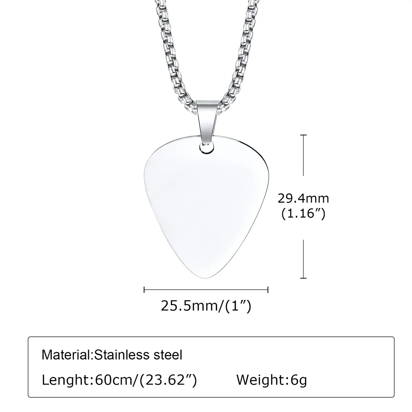 A sleek silver stainless steel unique guitar pick necklace pendant on a matching chain for music lovers