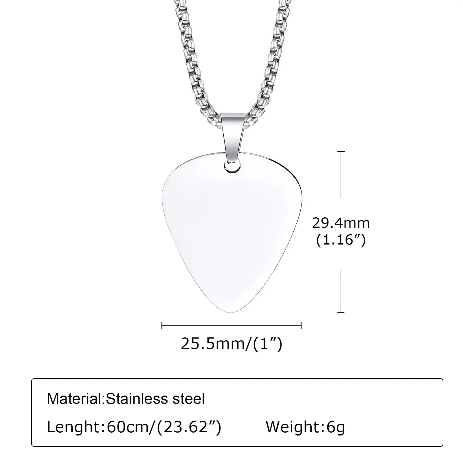 A sleek silver stainless steel unique guitar pick necklace pendant on a matching chain for music lovers