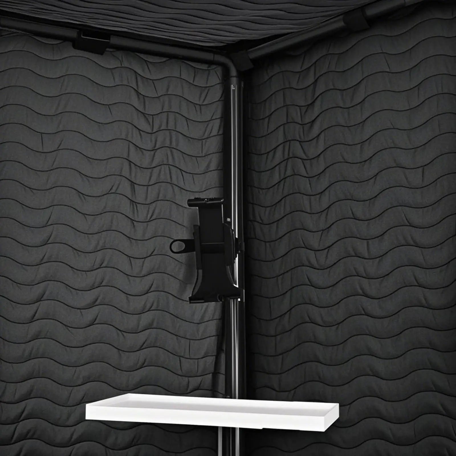 Black metal stand with white rectangular shelf attached for portable vocal booth echo prevention home studio use