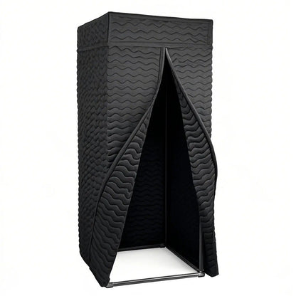 Black quilted fabric portable vocal booth with wavy texture and stainless steel frame for echo prevention home studio