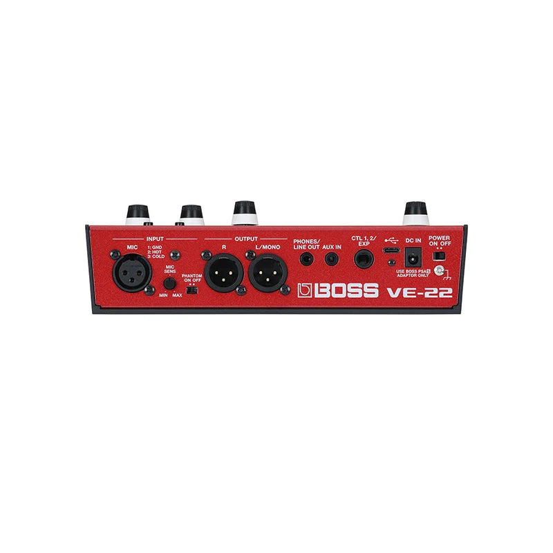 Red boss ve-22 vocal effects pedal with black knobs features phantom power aux input and mobile device connectivity