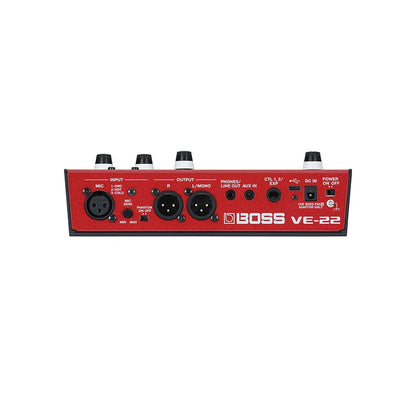 Red boss ve-22 vocal effects pedal with black knobs features phantom power aux input and mobile device connectivity