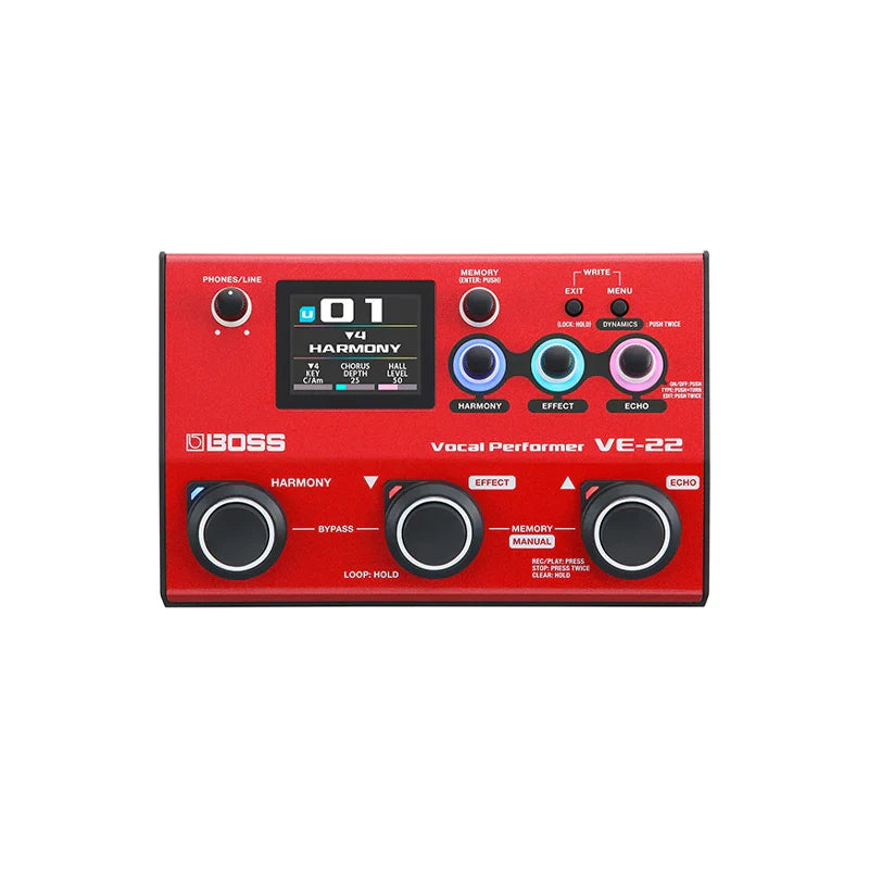 Red boss vocal effects pedal ve-22 with digital display, three knobs for harmony effect echo, aux input, and phantom power